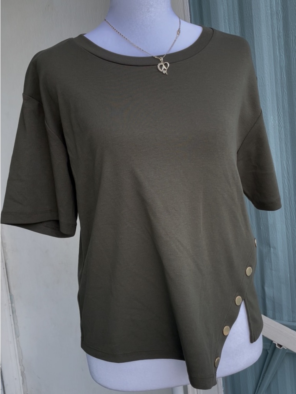 Michael Kors Olive Green Short Sleeve Button Accent Tee